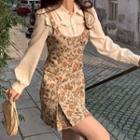 Mock Two-piece Long-sleeve Floral Mini Shirt Dress