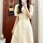 Puff-sleeve Shirred Midi A-line Dress Yellow - One Size