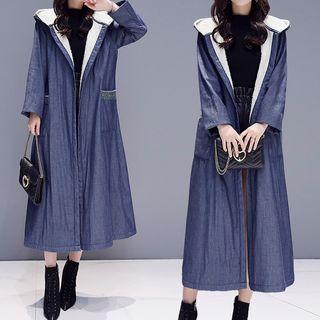 Hooded Denim Fleece-lined Open-front Long Coat