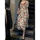 Puff-sleeve Floral Print Midi A-line Dress Off-white - One Size