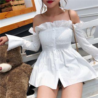 Shirred Off-shoulder Long-sleeve Blouse