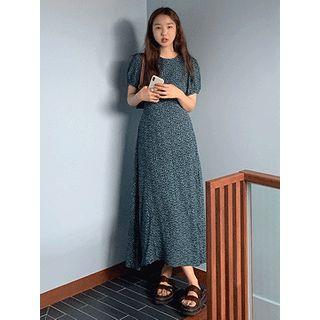 Puff-sleeve Pattern Long Dress Navy Blue - One Size