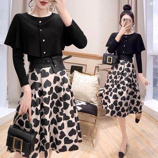 Set: Cardigan + Heart Print Midi A-line Skirt