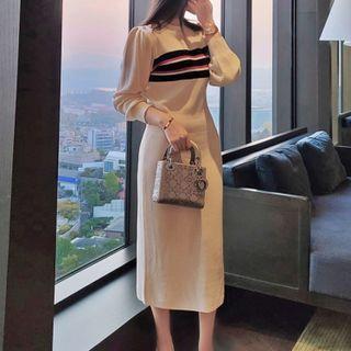 Long-sleeve Striped Knit Midi Sheath Dress Almond - One Size