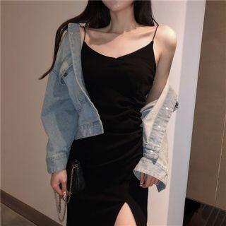 Spaghetti Strap Shirred Slit Bodycon Dress