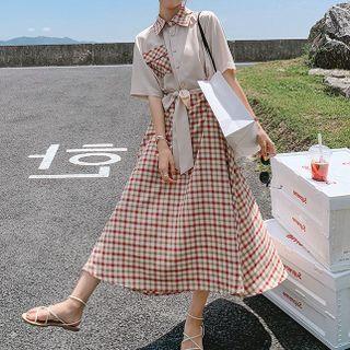 Elbow-sleeve Plaid Panel Midi A-line Shirtdress
