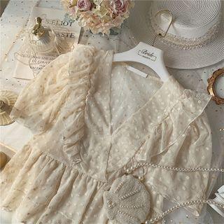 Floral Embroidered Ruffle Trim V-neck Short-sleeve Blouse