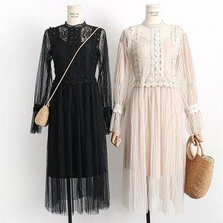Set: Lace Panel Long-sleeve Dress + Strappy Dress