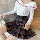 Long-sleeve Collar Top / Plaid Mini Skirt