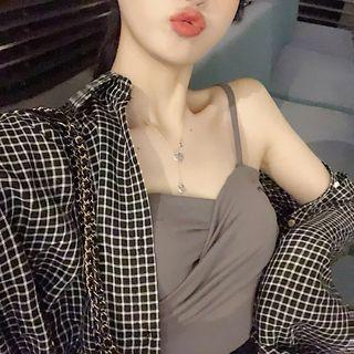 Spaghetti Strap Top / Plaid Shirt / Sports Shorts