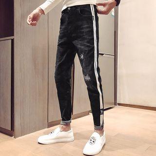 High-waist Striped Ripped Jeans