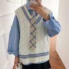 Long-sleeve Shirt With Tie / Contrast Trim Knit Vest