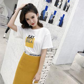 Set: Short-sleeve Lettering T-shirt + Straight Fit Midi Skirt