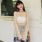 Long-sleeve Eyelet Lace Top Beige - One Size