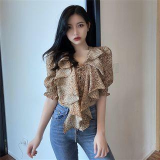 Balloon-sleeve Leopard Print Ruffled Blouse