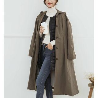 Hooded Pleated-waist Long Safari Coat