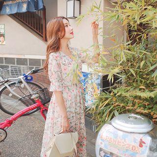 Tie-neck Floral A-line Chiffon Dress