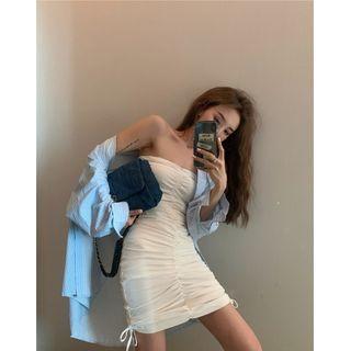 Strapless Shirred Mini Bodycon Dress / Striped Long-sleeve Shirt