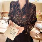 Tie-neck Frilled Floral Chiffon Blouse Black - One Size