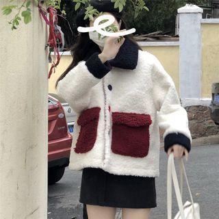 Collared Color-block Pocket Fleece Jacket Off-white - One Size