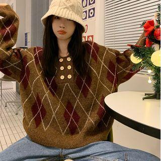 V-neck Argyle Loose-fit Sweater Wine Red - One Size