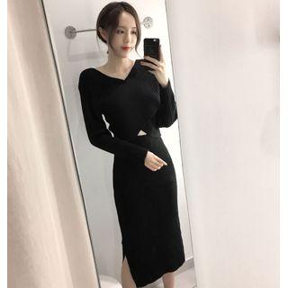 V-neck Sweater + High-waist Knit A-line Skirt