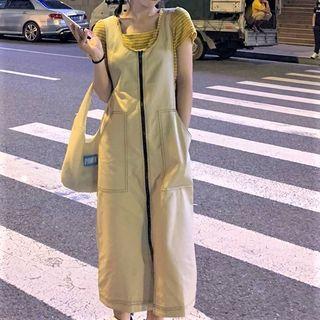 Short-sleeve Striped T-shirt / Zip-up Midi A-line Pinafore Dress