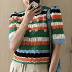 Short-sleeve Striped Knit Top Navy Blue & Light Blue & Tangerine - One Size