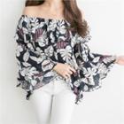 Off-shoulder 3/4-sleeve Ruffled Pattern Top