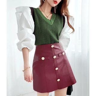 Balloon-sleeve Ruffle-trim Knit Top