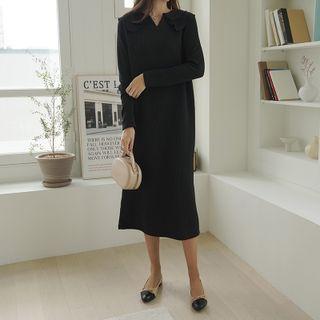 Ruffle-collar Ribbed Long Dress