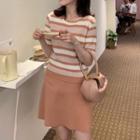 Striped Short-sleeve Knit Top / Mini A-line Skirt