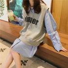 Long-sleeve Mini Shirtdress/ Lettering Vest