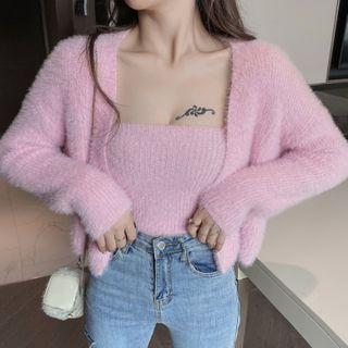 Set: Open-front Cardigan + Strapless Top Pink - One Size