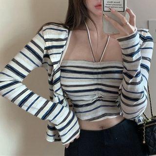 Halter-neck Striped Cropped Camisole Top / Cardigan
