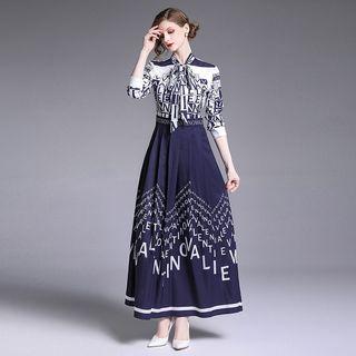 Lettering Tie-neck Long-sleeve A-line Maxi Dress