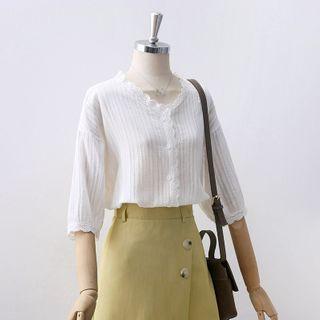 Eyelet Lace Trim V-neck Elbow-sleeve Blouse White - One Size