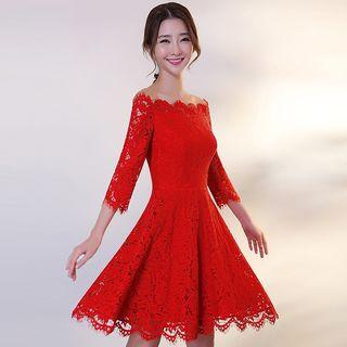 Scallop Trim Off Shoulder 3/4 Sleeve Evening Dress