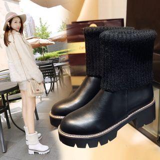 Knit Panel Block Heel Short Boots