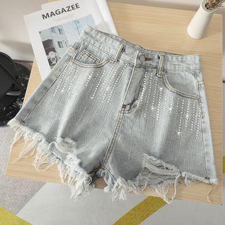 Rhinestone Wide-leg Denim Shorts