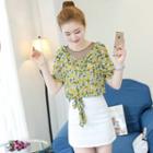 Set : Floral Print Short-sleeve Chiffon Top + Mini Skirt