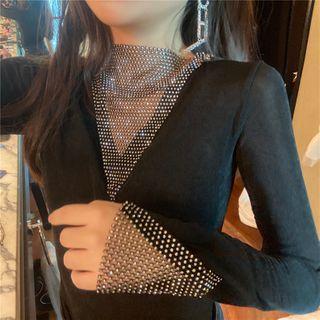 Rhinestone Mesh Panel Long-sleeve Top