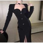 Long-sleeve V-neck Slit Dress