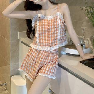 Set: Gingham Check Frill Trim Camisole Top + Shorts Orange & White - One Size