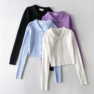 Long Sleeve Collared Ribbed Knit Crop Cardigan