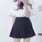 Layered Short-sleeve Tie-neck Blouse / Mini A-line Pleated Skirt / Set