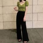 Short-sleeve Square-neck Blouse / Drawstring Wide-leg Pants