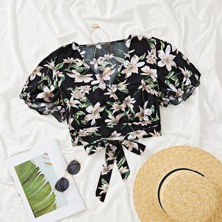 Floral Short-sleeve V-neck Cross Strap Cropped Top