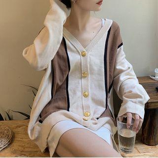 V-neck Color Panel Long-sleeve Cardigan Coffee - One Size