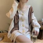 V-neck Color Panel Long-sleeve Cardigan Coffee - One Size